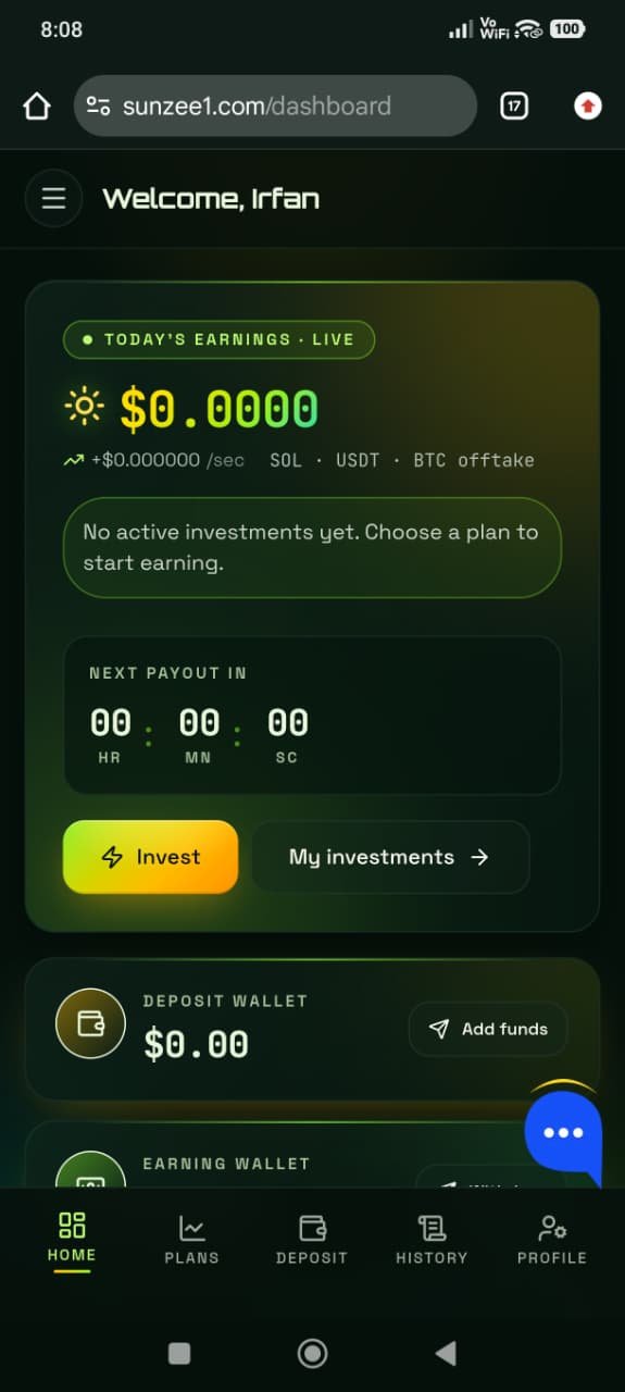Sunzee1 app dashboard showing a live earnings counter and account balance