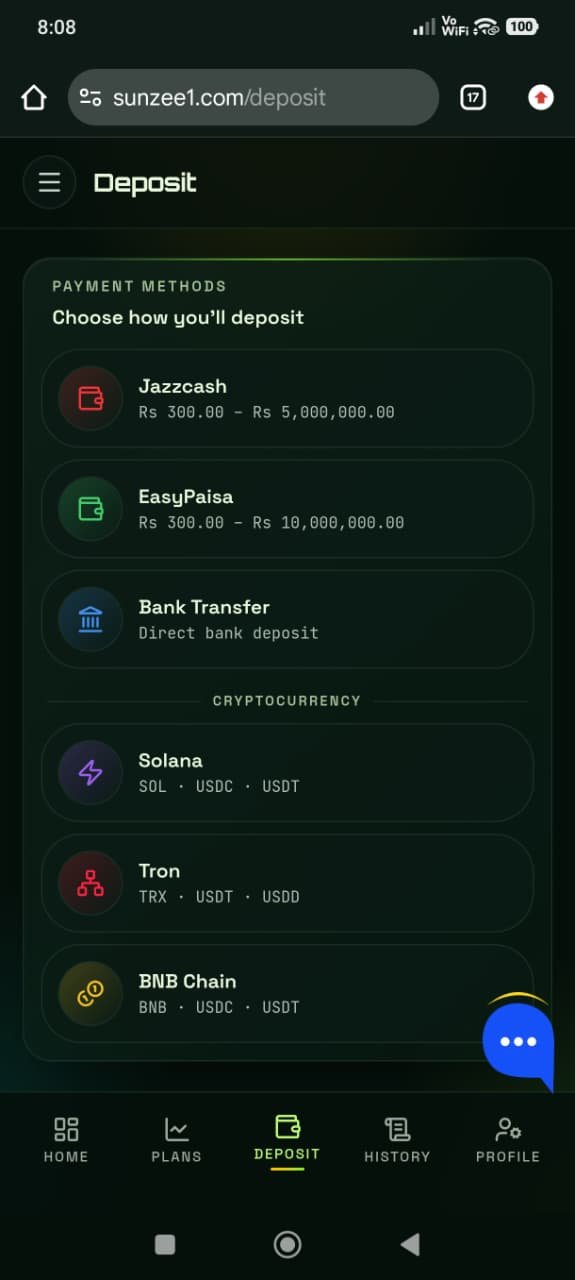 Sunzee1 deposit page showing JazzCash, EasyPaisa, bank transfer and crypto options